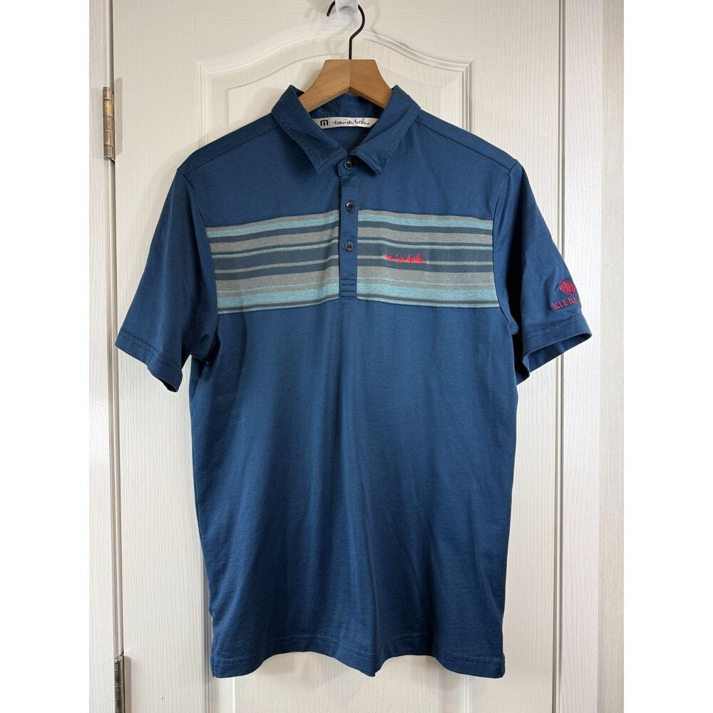 Travis Mathew Mens M Blue Striped Golf Polo Shirt Kierland Golf Logo
